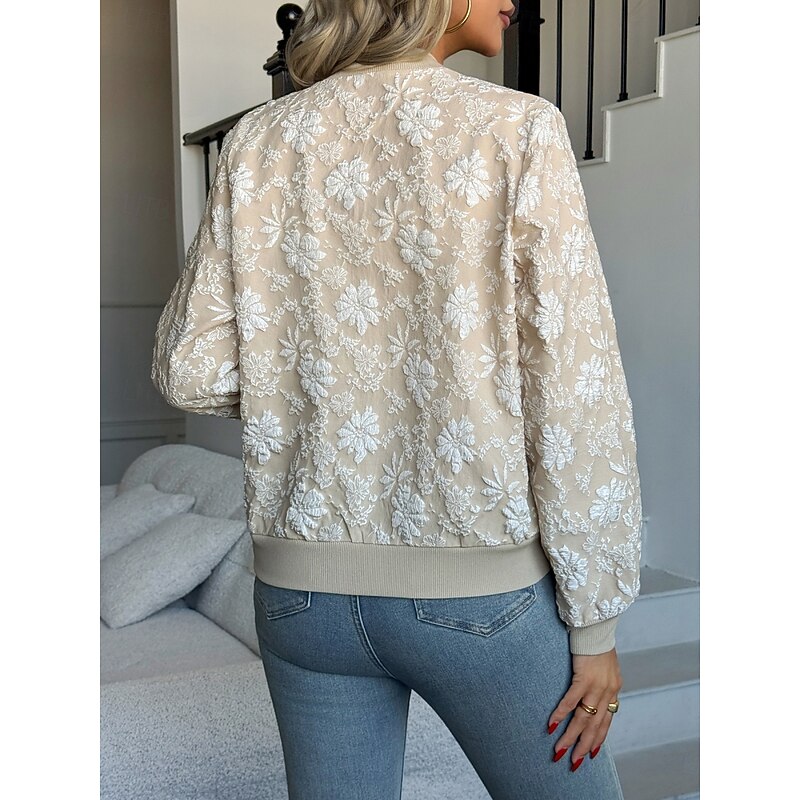 Women's Bomber Jacket Casual Jacket Comfortable Breathable Zipper Elegant Casual Floral Vacation Street Casual Daily Wear Zipper Short Stand Collar Regular Fit Long Sleeve Outerwear Khaki Spring Fall2