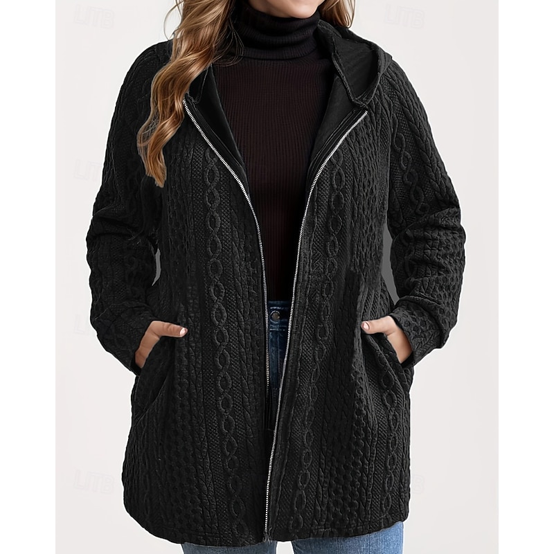 Women's Hoodie Jacket Comfortable Zipper Pocket Casual Plain Vacation Daily Wear Going out Regular Hooded Regular Fit Long Sleeve Outerwear Black Brown Light Grey Fall Winter4