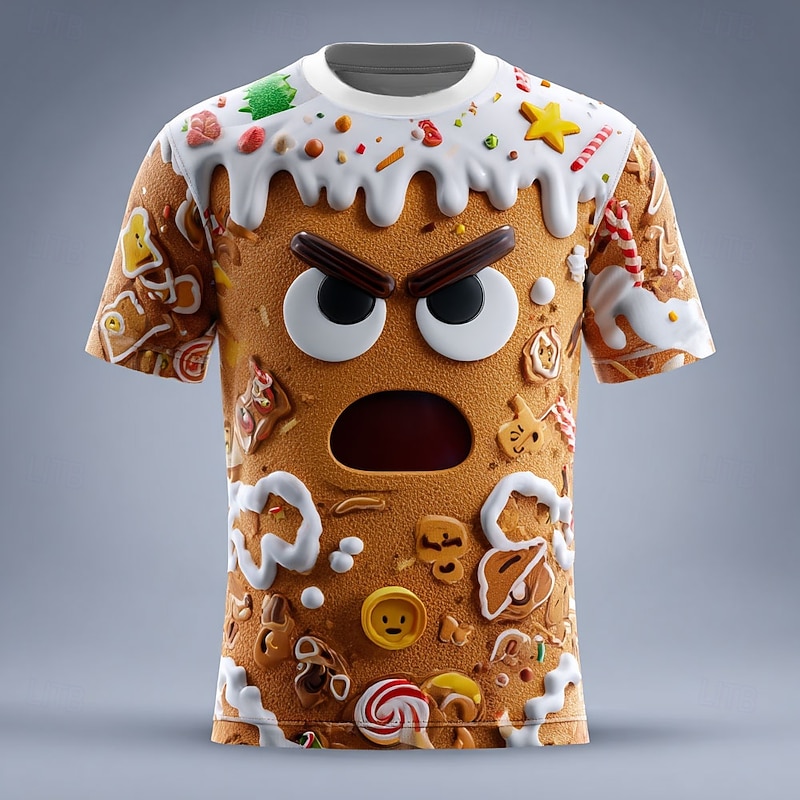 Christmas Men's 3D Gingerbread T Shirt Short Sleeve T shirt 3D Print Crew Neck Shirt Daily Designer Artistic Vacation Party Street Brown Brown 2 Brown 4 All Seasons Clothing Apparel S M L XL XXL XXXL