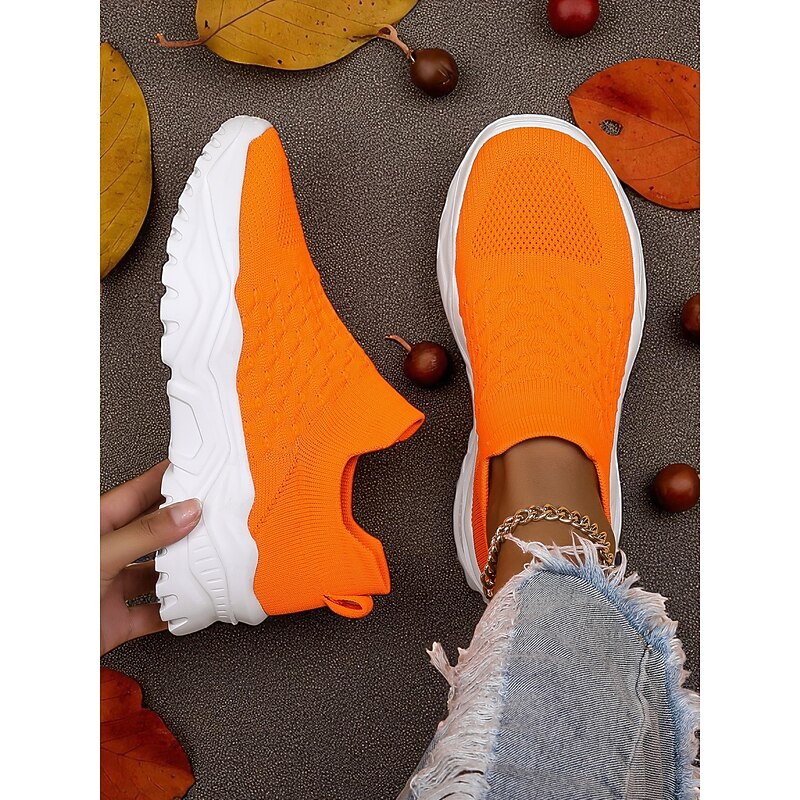 Women's Orange Slip-On Flyknit Sneakers – Breathable Mesh Lightweight Walking Shoes with Chunky Sole for Casual and Sport