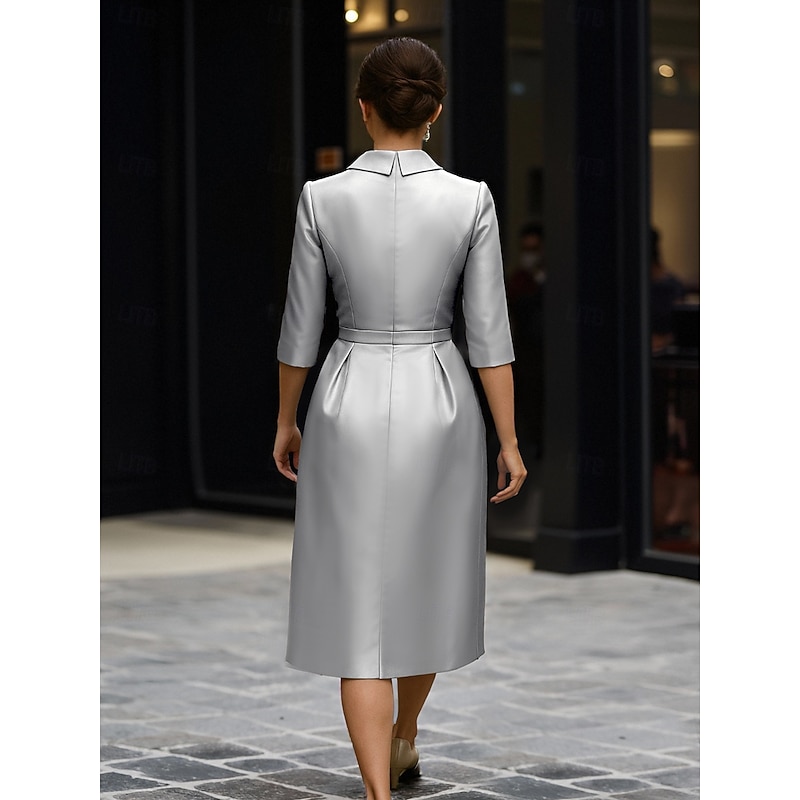 Sheath Mother of the BrideCocktail Dresses Elegant Dress Wedding Guest Cocktail Party Knee Length 3/4 Length Sleeve Shirt Collar Pocket Stretch Satin with Sash / Ribbon Race Day Dress2