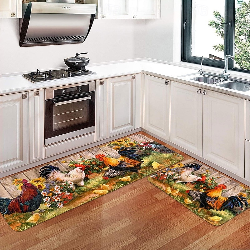 Kitchen Rugs & Mats Non-Skid Washable Anti-Fatigue, Non-Slip Absorbent Flannel Runner Rubber Backed for Floors, Machine Washable Farmhouse Rooster Standing Mats for Sink, Laundry Room, Hallway2