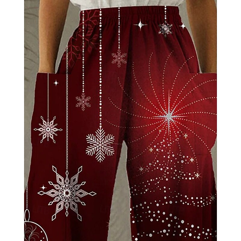 Women's Wide Leg Pants Trousers Vacation Ethnic Style Basic Full Length High WaistPantsUgly Christmas Graphic Snowflake Pocket Elastic Waistband Print Comfy Breathability Inelastic Vacation Casual2