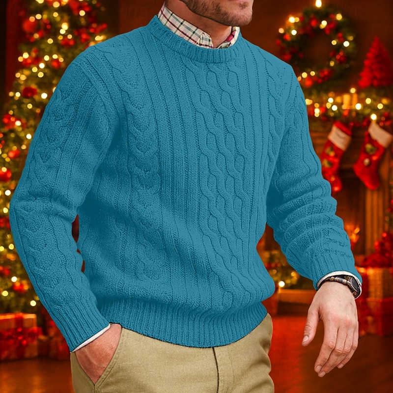 Men's Sweater Pullover Sweater Jumper Cable Knit Regular Tops Knitted Slim Fit Plain Crew Neck Knitwear Contemporary Casual Daily Wear Clothing Apparel Fall Black Blue M L XL3