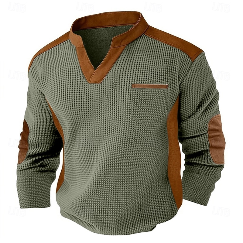 Men's Waffle Tee Long Sleeve V Neck Spring &  Fall All Seasons Solid Color Textured Fashion Basic Casual Pockets Street Casual Sports Black Navy Blue khaki Top Tee for Men2