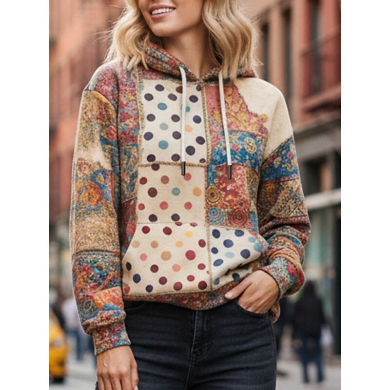 Women's Pullover Hoodies Plaid Polka Dot Fashion Streetwear Casual Long Sleeve Hooded Regular Tops Dailywear Casual Sports Drawstring Pocket Print Khaki Spring Fall