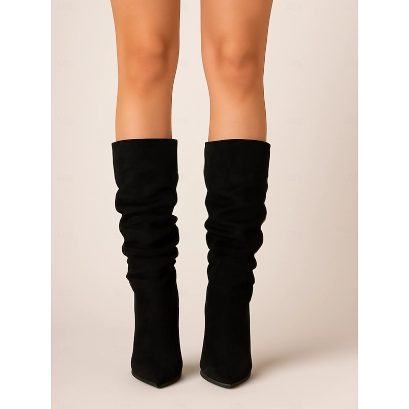Women's Slouchy Suede Stiletto Boots, High Heel Pointed Toe Mid-Calf Boots in Multiple Colors for Stylish Fall and Winter Outfits2