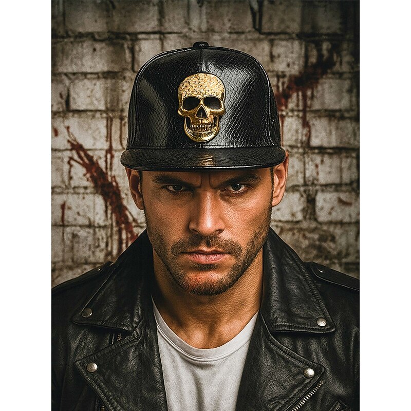 Men's Halloween Skull Embellished Faux Leather Baseball Cap, Punk Rock Style Snapback Hat for Parties, Festivals and Cosplay2