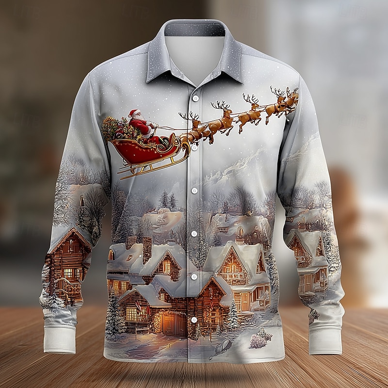 Christmas Men's Santa Claus Reindeer Christmas Costume Shirt Button Up Shirt Long Sleeve Funny Outdoor Holiday Spring Fall Turndown 3D Print Linen Like Shirt Red Beige