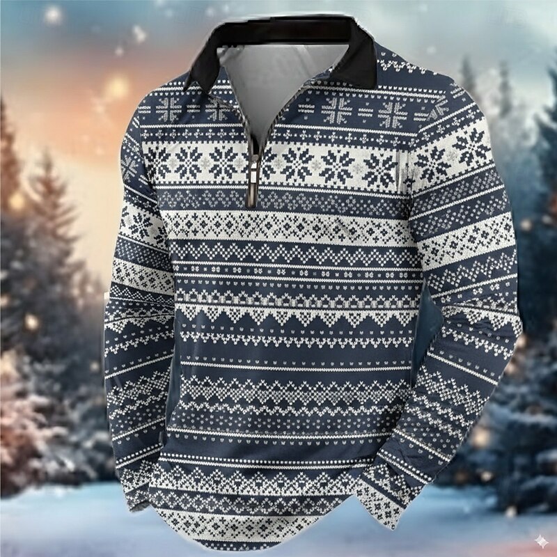 Christmas Men's Snowflake Polo Long Sleeve Turndown Modern Leisure Casual Daily Festival Zipper 3D Print Spring Fall Winter Green Red Gray2