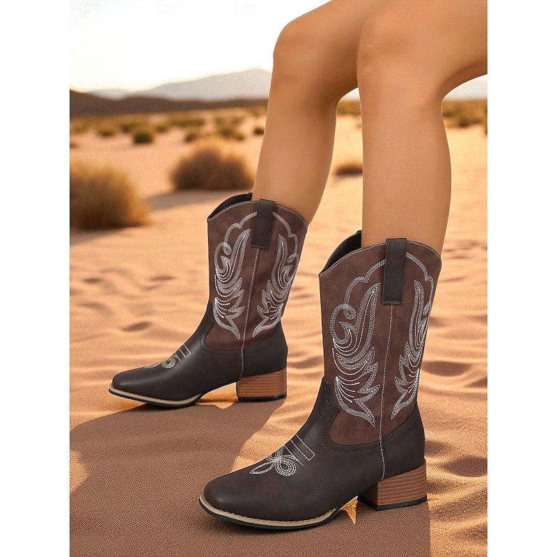 Women's Dark Brown Western Cowboy Boots – Embroidered Faux Leather Mid-Calf Boots with Block Heel for Country, Rodeo and Casual Wear2