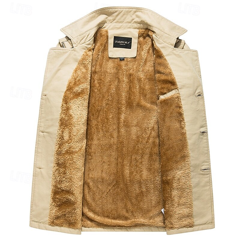 Men's Fleece Jacket Peacoat Trench Coat Vacation Daily Fall Winter 100% Cotton Thermal Warm Outerwear Clothing Apparel Fashion Classic Plain Pocket Lapel Single Breasted3