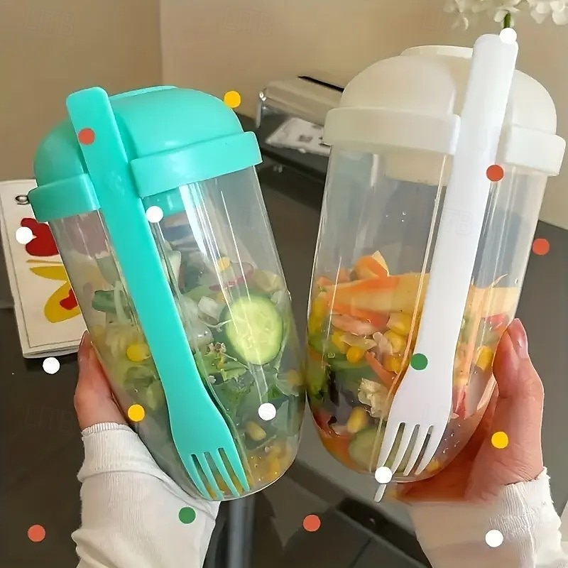 Salad Cup with Fork – 1000ml/33.8oz Portable Salad Maker Bottle, Dressing Container for Picnic, Brunch, Commute, Outdoor Activities, Kitchen Gadget