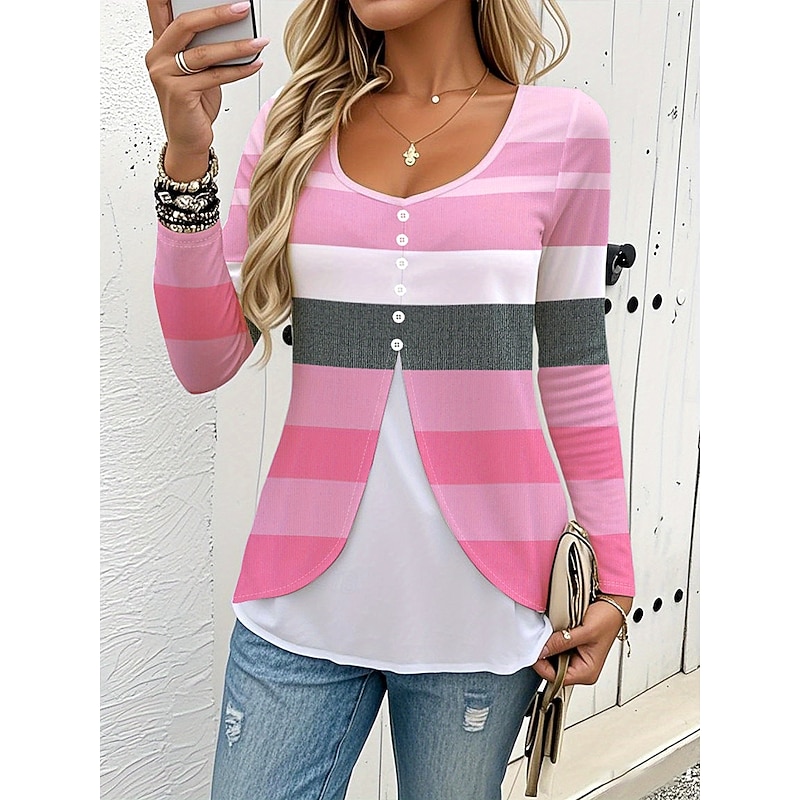 Women's T Shirt Graphic Striped Vintage Stylish Modern Long Sleeve Crew Neck Round Neck Regular Tops Daily Buttons Print Tiered Pink Spring Fall Winter2
