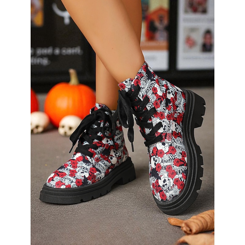 Women's Halloween Skull Print Lace-Up Combat Boots - Red Rose Gothic Punk Ankle Shoes for Fall Festivals, Cosplay and Streetwear Outfits