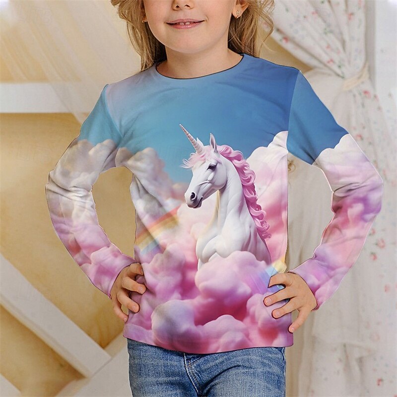 Girls' 3D Unicorn T shirt Tee Long Sleeve Spring Fall Fashion Basic Kids 4-12 Years Crew Neck Outdoor Casual Daily Regular Fit3