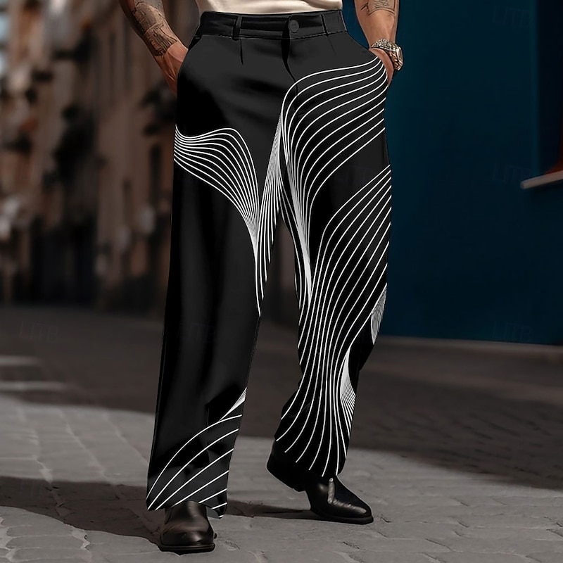 Men's Geometric Gradient Waves Dress Pants Trousers Suit Pants Mid Waist Casual Dailywear Holiday Relaxed Fit Flat Front Dress Pants with Side Pockets Spring Fall 3D Print Black And White Black