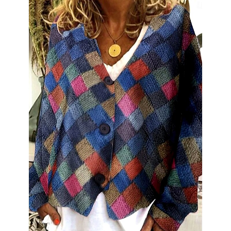 Women's Sweater Cardigan Elegant Vintage Fashion Geometric Plaid V Neck Pocket Knitted Print Long Sleeve Regular Tops Knit Outdoor Daily Weekend Red Navy Blue Fall Winter4