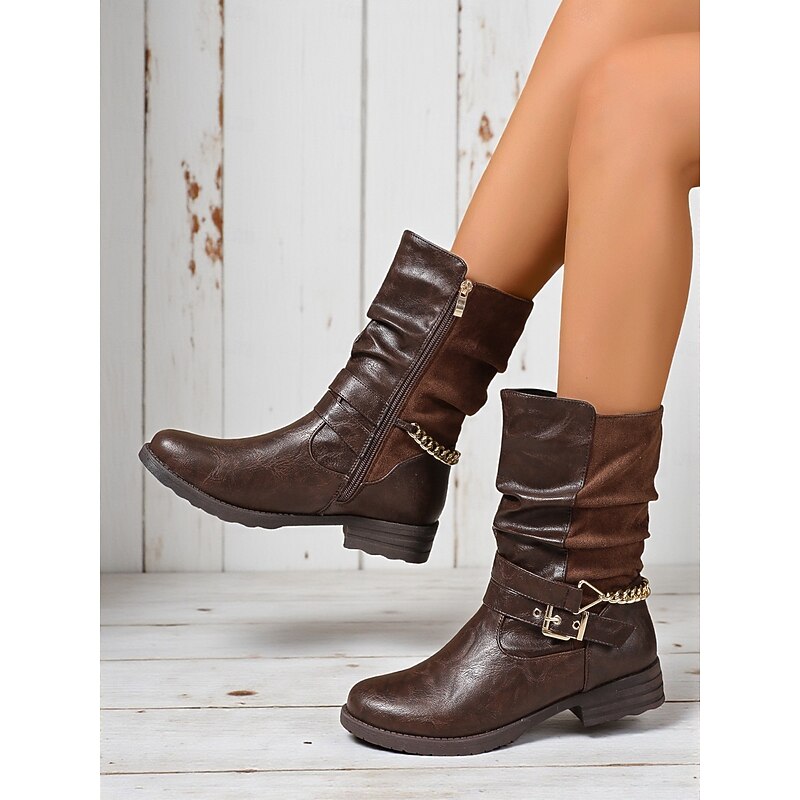 Women's Dark Brown Mid Calf Boots – Faux Leather Slouchy Boots with Buckle Chain Detail for Casual Wear and Street Style2