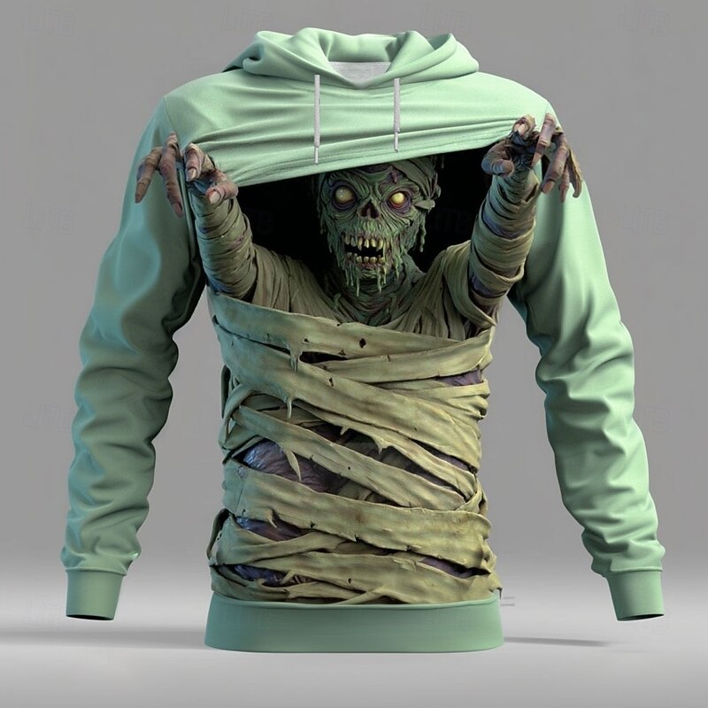 Halloween Men's Optical Illusion Zombies 3D Hoodie Sweatshirt Punk Exaggerated Crew Neck Club Streetwear Pink Blue Drawstring Fall Winter Designer