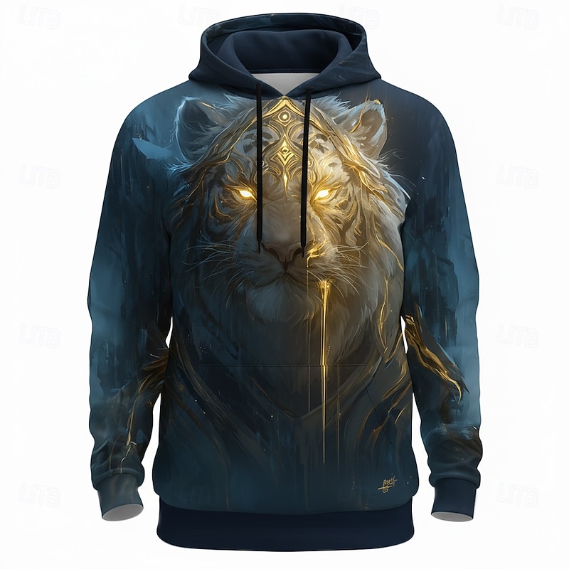 Men's Lion Hoodie Sweatshirt 3D Fantasy Crew Neck Gift Club Streetwear Black Blue Drawstring Fall Winter Designer