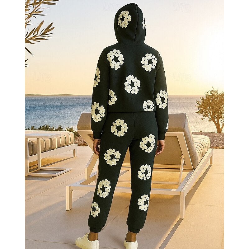 Women's 2 Piece Tracksuit Lounge Hoodie Sweatsuit Sets Baggy Print Floral Print Clothing Suit Fall Black Red Vocation Outdoor Travel High Waist Lightweight Fashion Long Sleeve Sport Activewear2