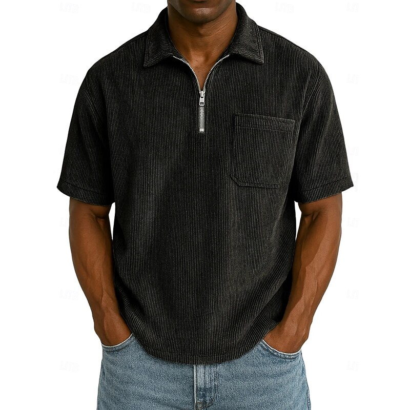 Men's Zip Polo Golf Shirt Casual Holiday Lapel Quarter Zip Short Sleeve Fashion Basic Plain Textured Quarter Zip Corduroy Summer Spring Regular Fit Light Blue Army Green Dark Brown Black Purple khaki3