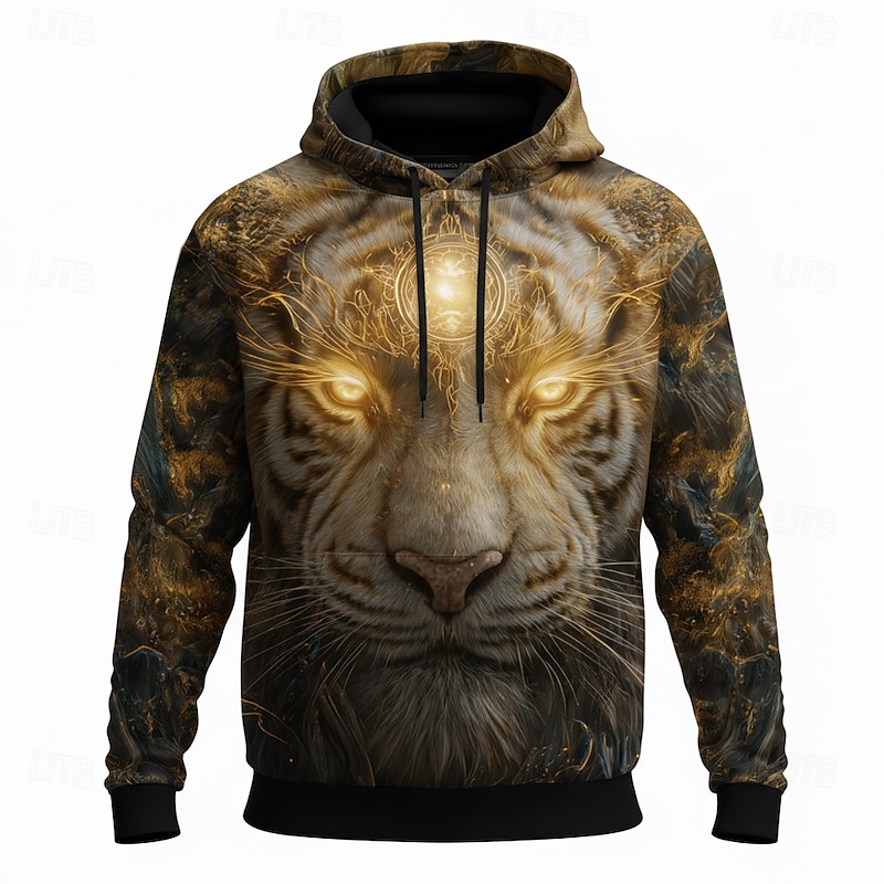 Men's Lion Hoodie Sweatshirt 3D Fantasy Crew Neck Gift Club Streetwear Black Blue Drawstring Fall Winter Designer3