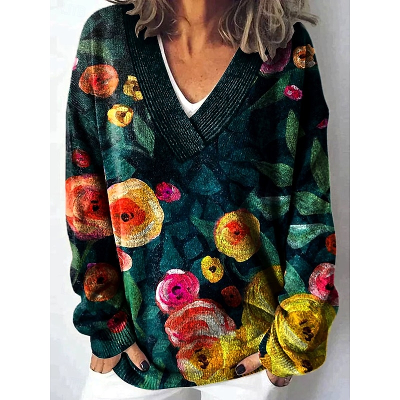 Women's Cardigan Daily Heart Floral Graphic Ribbed V Neck Floral Print Long Sleeve Regular Tops Knit Outdoor Weekend Pink Dark Green Spring Fall