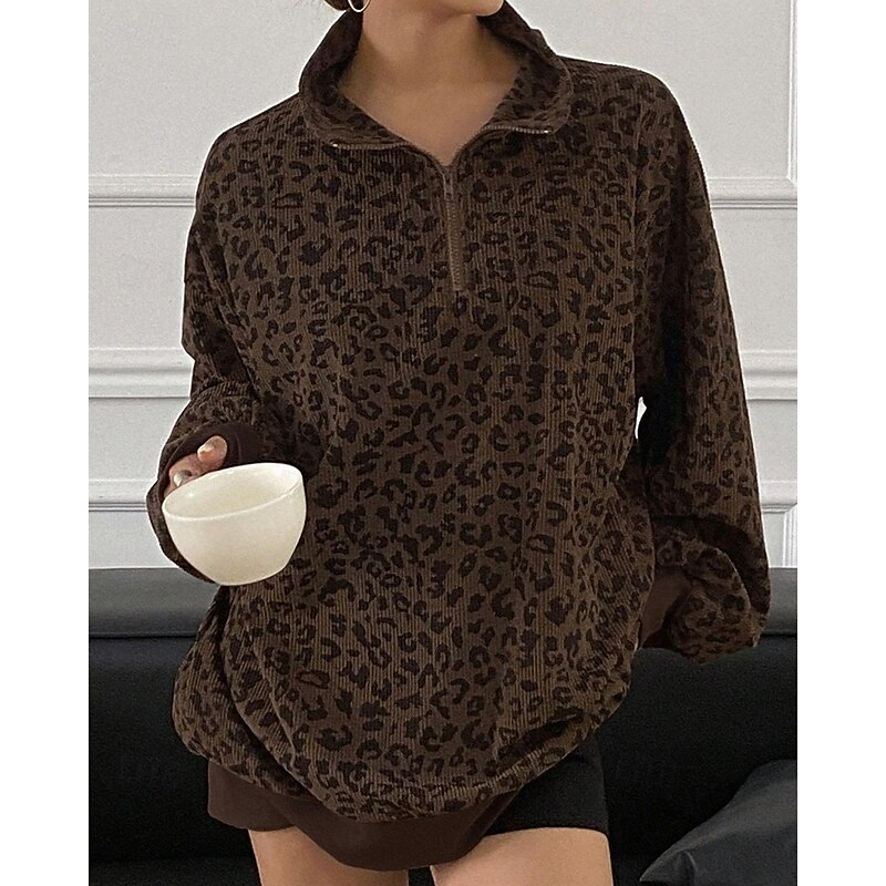 Women's Pullover Sweatshirts Zip Up Sweatshirts Leopard Sports Fashion Casual Long Sleeve High Neck Regular Tops Street Dailywear Half Zipper Quarter Zipper Print Black Brown Khaki Dark Gray Coffee2