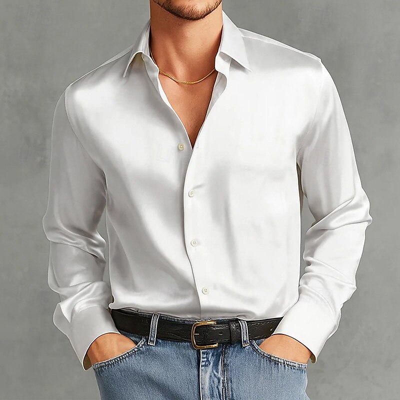 Men's Shirt Satin Shirt Dress Shirt Casual Shirt Button Up Shirt Prom Shirt Plain Formal Wedding Light Blue Black White Wine Long Sleeve Lapel All Seasons Clothing Apparel Pocket2