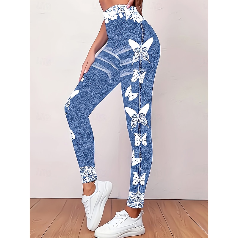 Women's Leggings Vacation Vintage Fashion Full Length High Waist Floral Graphic Butterfly Printing Thermal Warm Soft Breathable Stretchy Vacation Street Casual Light Blue-White Spring Fall Winter