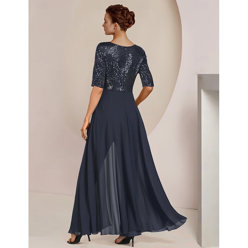 Jumpsuit Mother of the Bride  Formal Wedding Guest Elegant Scoop Neck Ankle Length Chiffon Sequined Half Sleeve with Bow(s) Sequin2