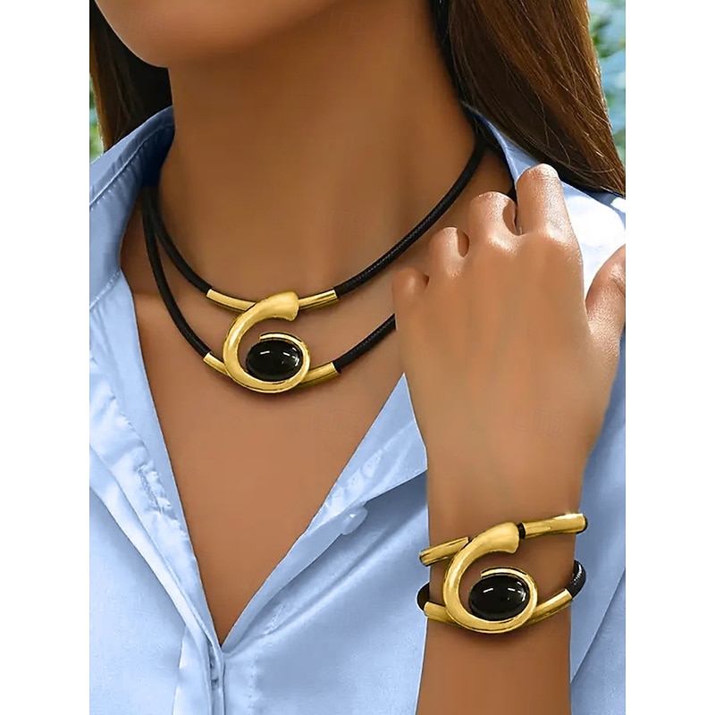 Women's bohemian swirl statement jewelry set with turquoise necklace and bracelet in elegant gold and silver designs, perfect for parties, weddings and gifts