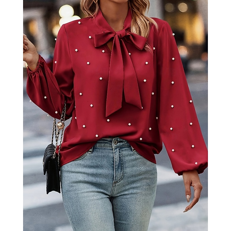 Women's Shirt Blouse Plain Stylish Long Sleeve Crew Neck Regular Tops Daily Holiday Going out Bow Red Spring Fall4