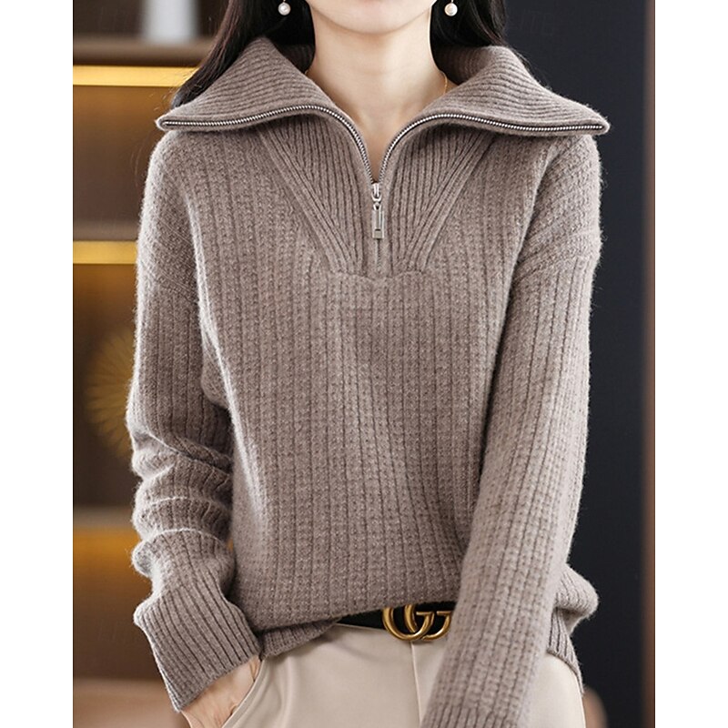 Women's Sweater Pullover Fashion Basic Casual Pure Color Ribbed Half Zip Zipper Knitted Long Sleeve Regular Tops Knit Outdoor Daily Weekend Coffee Fall Winter