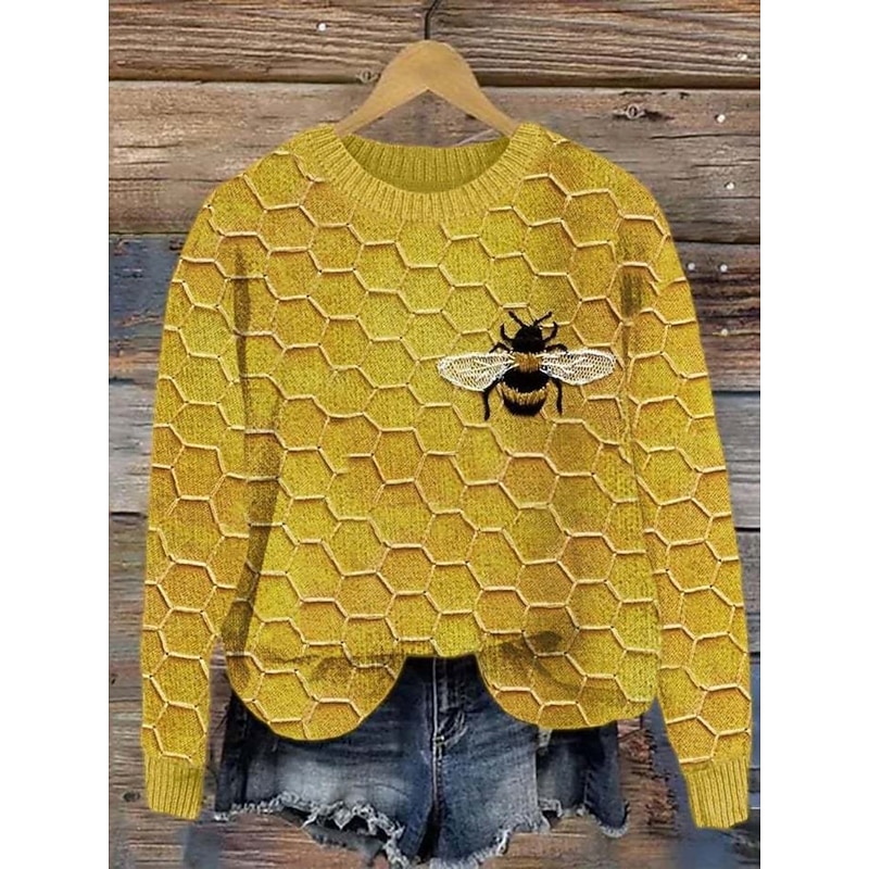 Women's Sweater Casual Soft Animal Ribbed Crew Neck Knitted Print Long Sleeve Regular Tops Knit Outdoor Daily Weekend Yellow Khaki Fall Winter