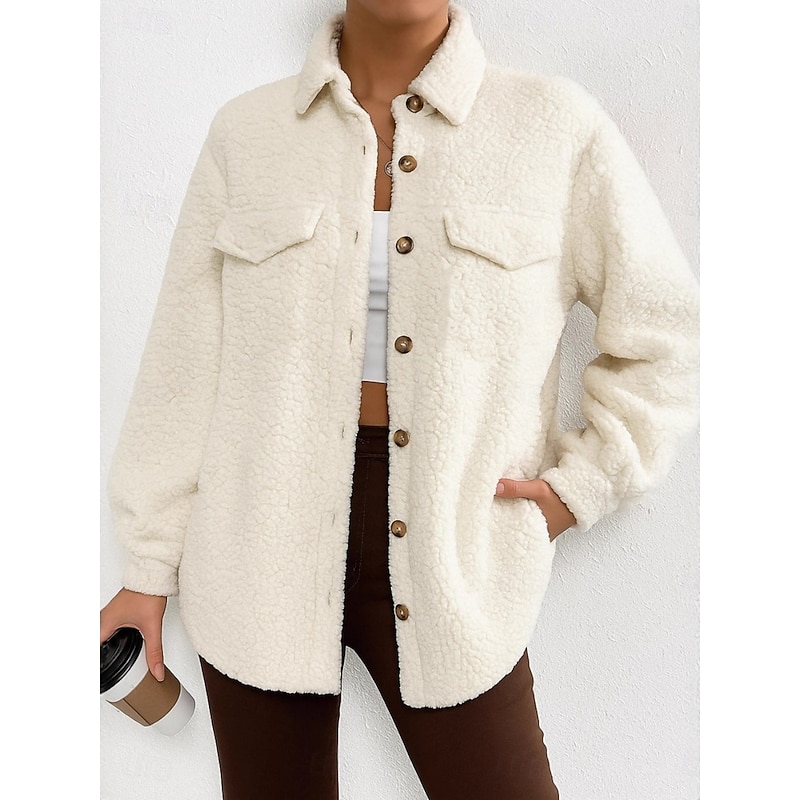 Women's Fleece Jacket Comfortable Breathable Pocket Buttons Casual Plain Vacation Street Casual Daily Wear Single Breasted Regular Turndown Regular Fit Long Sleeve Outerwear Black White Pink Spring3