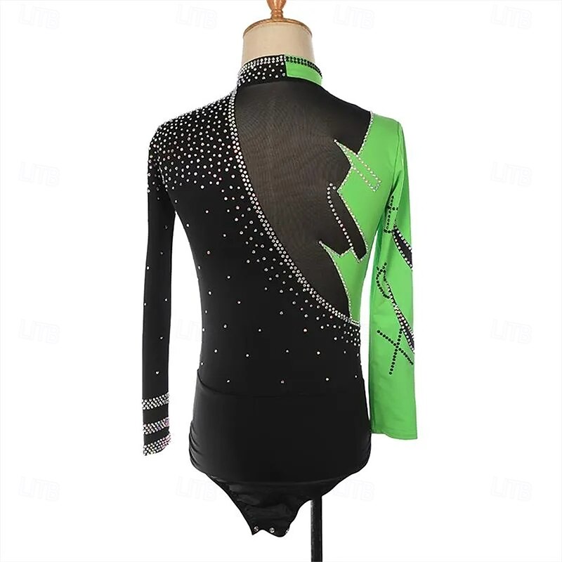 Figure Skating Top Men's Boys' Ice Skating Tops Black Green Patchwork Spandex High Elasticity Training Competition Skating Wear Classic Crystal / Rhinestone Long Sleeve Ice Skating Figure Skating3