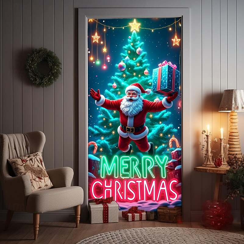 Christmas Door Cover Merry Christmas Holiday Decoration Drapes with Santa Claus and Christmas Gift Boxes Print for Home Entryway Living Room Bedroom Indoor Outdoor Festive Seasonal Decor2