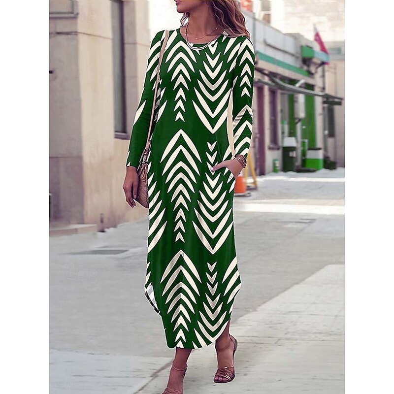Women's Maxi Dress Sheath Dress T Shirt Dress Tee Dress Vacation Casual Boho Holiday Date Regular Fit Graphic Geometric Abstract Long Sleeve Crew Neck Crewneck Blue Purple Green Spring Fall Winter
