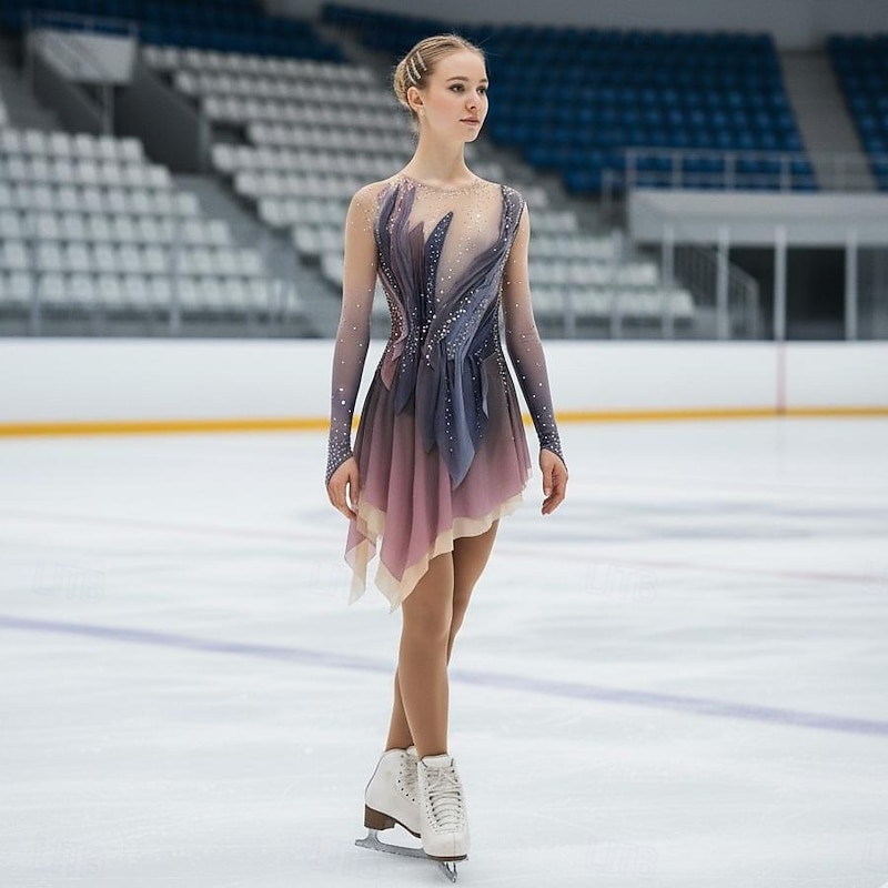 Figure Skating Dress Women's Girls' Ice Skating Dress Coffee Thumbhole Halo Dyeing High Elasticity Professional Competition Skating Wear Thermal Warm Crystal / Rhinestone Long Sleeve Ice Skating4