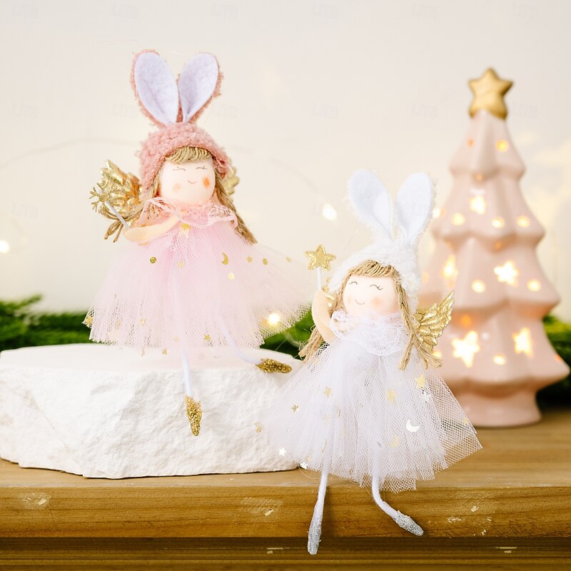 2pcs Christmas Angel Ornaments, Rabbit Ear Angel Hanging Decorations, Tree Ornaments with Wings, Girl Angel Figurines, Holiday DIY Decor4