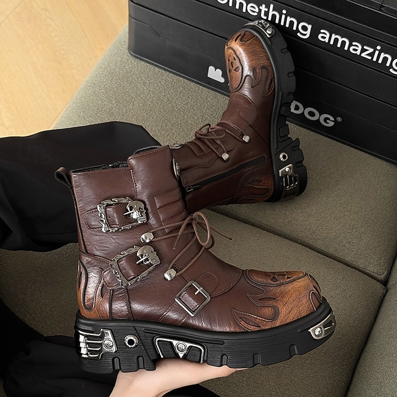Men's Brown Gothic Flame Platform Boots Lace-Up Punk Biker Boots with Buckles and Metal Details for Halloween Parties, Horror Cosplay and Themed Festivals3