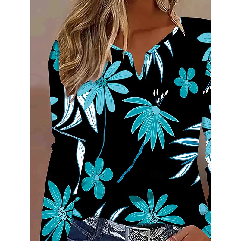 Women's T Shirt Graphic Plants Abstract Vintage Stylish Modern Long Sleeve Notched Neck Regular Tops Daily Weekend Print Blue Spring Fall Winter3