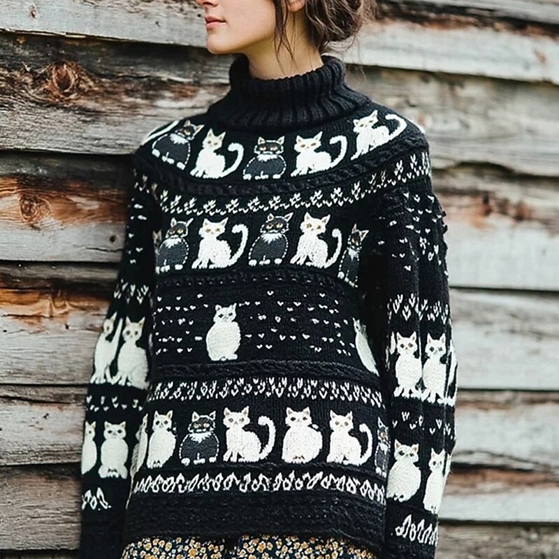 Women's Sweater Pullover Daily Casual Animal Ribbed Crew Neck Knitted Print Long Sleeve Regular Tops Knit Outdoor Weekend Black Fall Winter