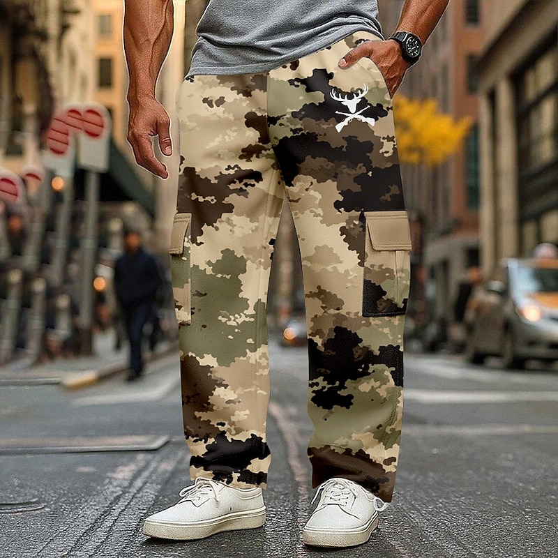Men's Camo Reindeer Camouflage Cargo Sweatpants Joggers Casual Pants Mid Waist Casual Outdoor Athletic Hunting Elastic Drawstring Waist Open Bottom Tactical Pants with Pockets Spring Fall 3D Print