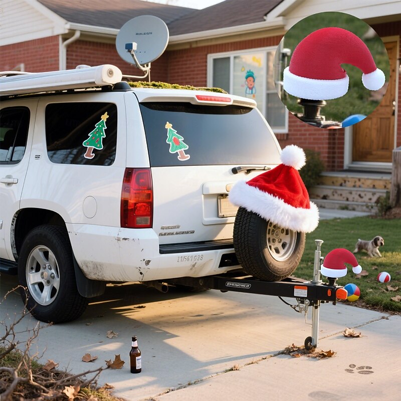 Funny Christmas Santa Hat Trailer Coupling Cover 3D Printed Car Trailer Coupling Cap, Compatible with 50mm/1.97in Ball Heads Automotive Trailer Rear Decoration3