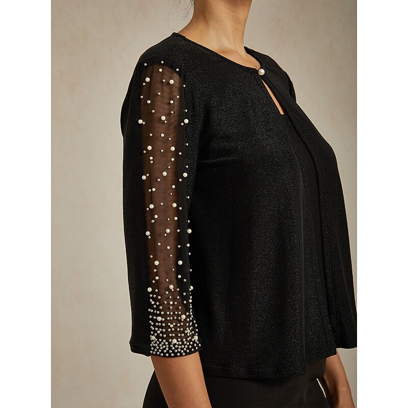 Women's Dressy Tops Evening Tops Elegant Party Beaded Glitter Rhinestone 3/4 Length Sleeve Crew Neck Wedding Guest Work Party Evening Wear Glitter Beaded Rhinestone Black Spring, Fall, Winter, Summer3