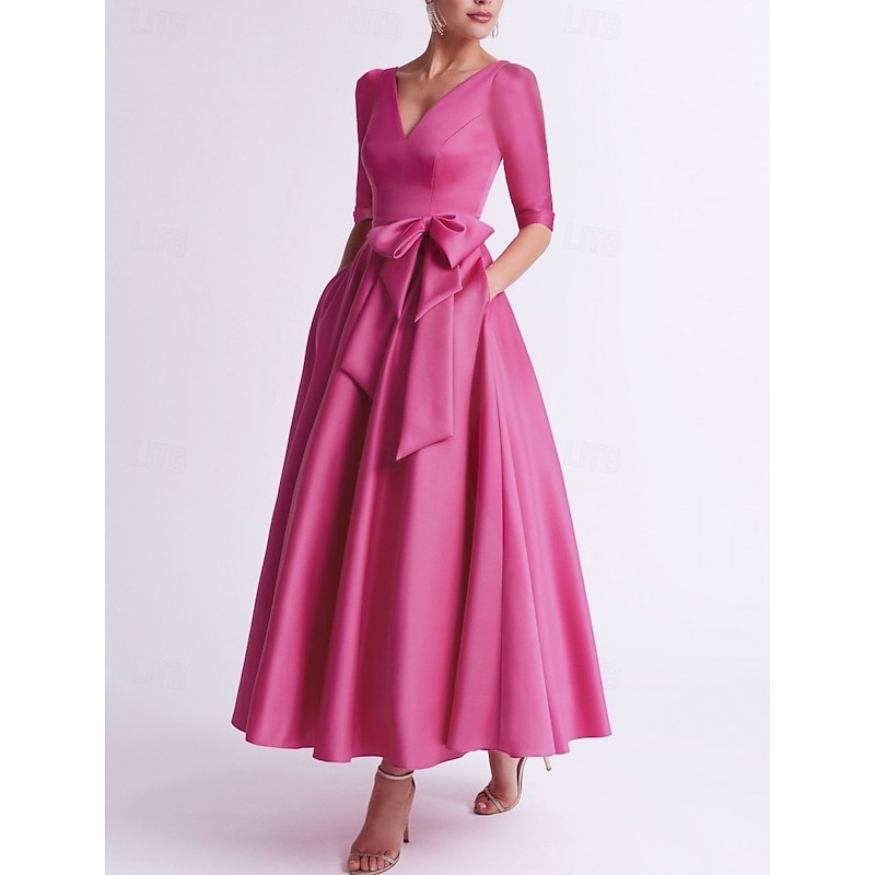 A-Line Cocktail Dresses Elegant Dress Wedding Guest Tea Length 3/4 Length Sleeve V Neck Pocket Satin with Bow(s) Dresses
